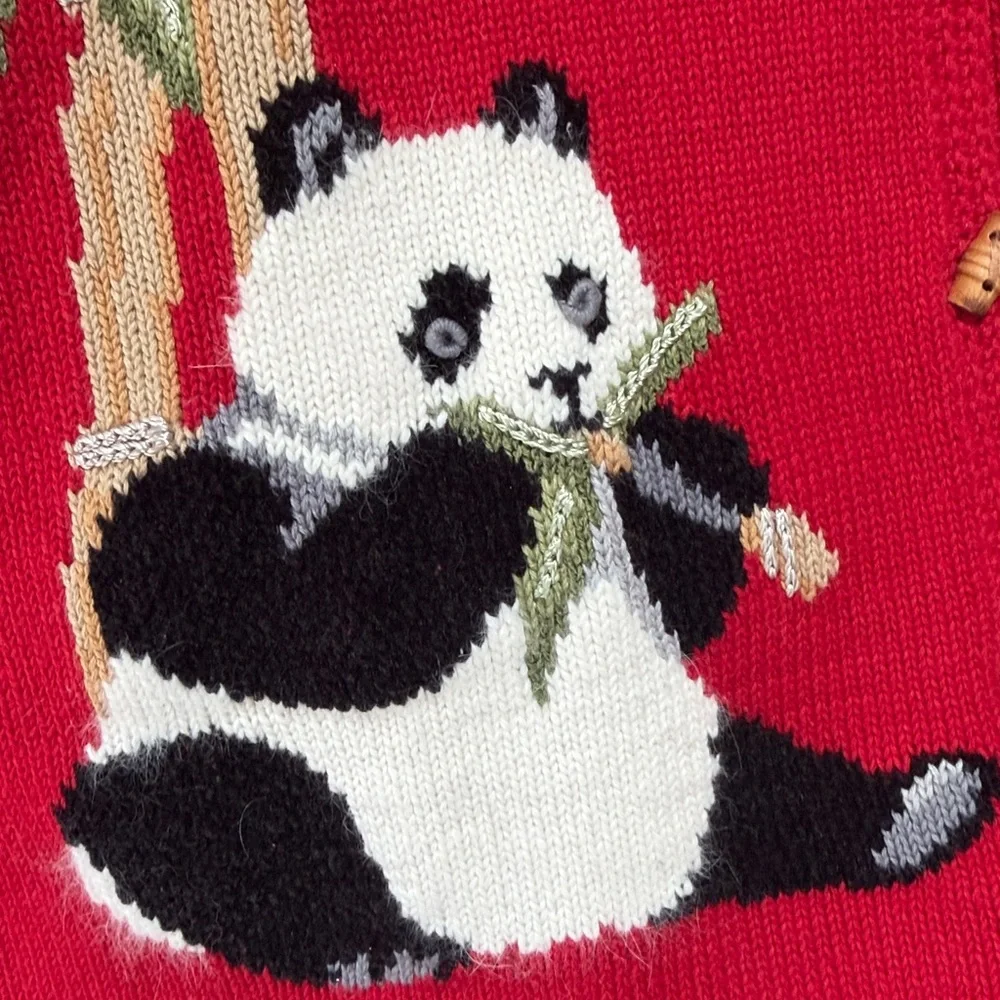 Northern Isles Vintage cherry red cardigan with bamboo and panda print.  Medium